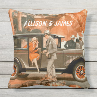 Retro 1920's Flapper Lady Classical Car Road Trip Throw Pillow