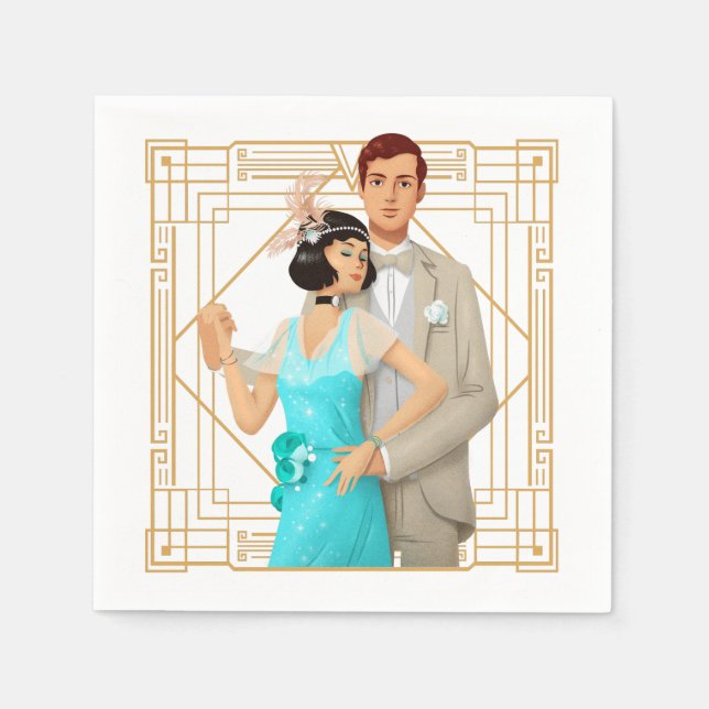 Retro 1920s Glam Couple Art Deco Gold Frame Napkins (Front)