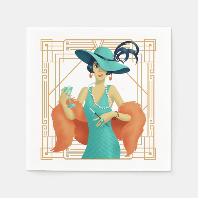 Retro 1920s Glam Lady Cocktail Art Deco Gold Frame Napkins (Front)