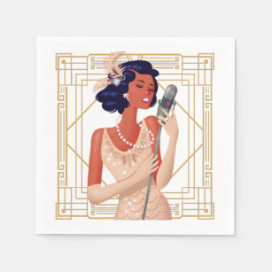 Retro 1920s Glam Lady Singer Art Deco Gold Frame Napkins