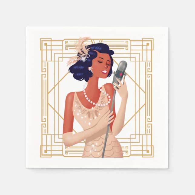 Retro 1920s Glam Lady Singer Art Deco Gold Frame Napkins (Front)