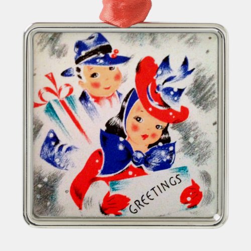 Retro 1940s Christmas Shopping Couple Metal Ornament