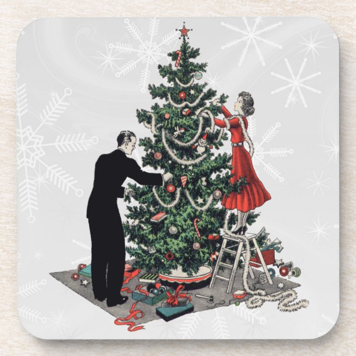 Retro 1940s Christmas Tree Beverage Coasters