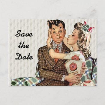 Retro 1940s Kissing Couple Save The Date Announcement Postcard by grnidlady at Zazzle