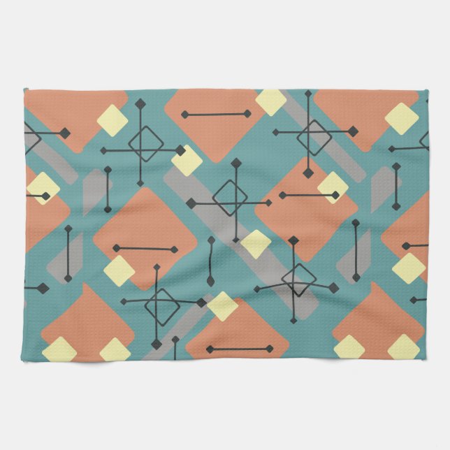Retro 1950s Art Diamonds Teal Orange Kitchen Towel (Horizontal)