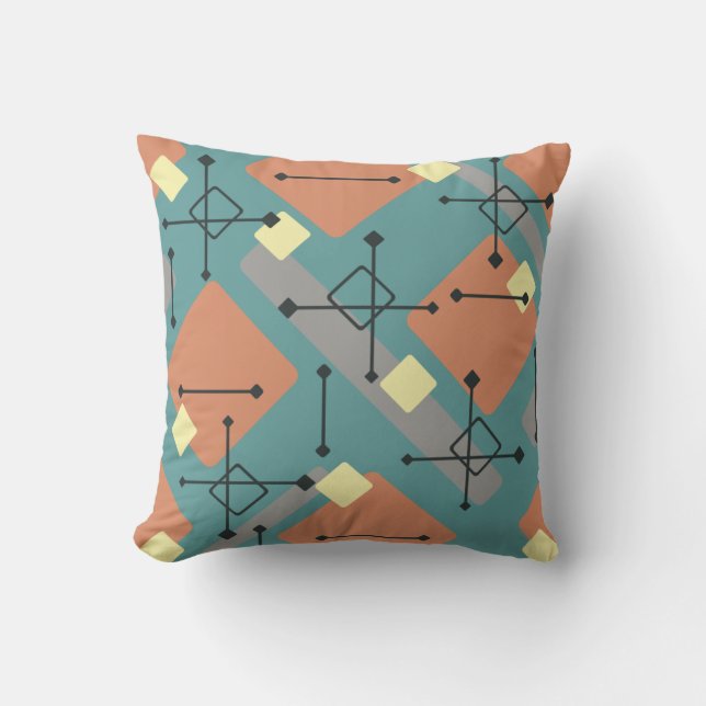 Retro 1950s Art Diamonds Teal Orange Throw Pillow (Front)