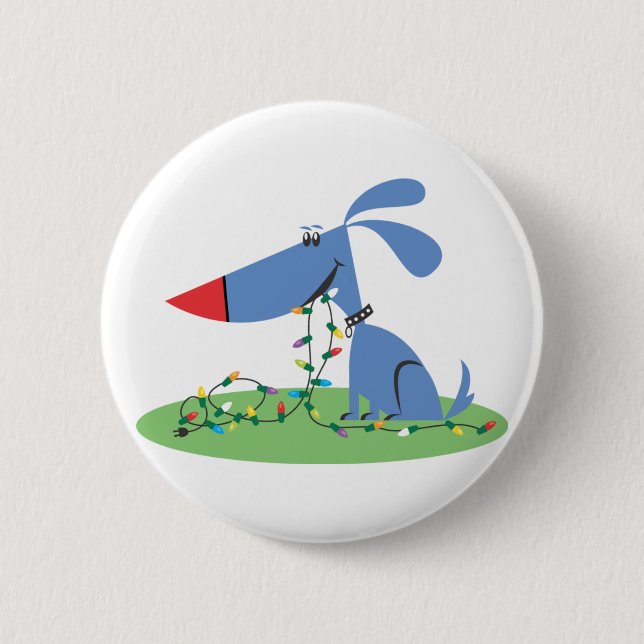 Retro 1950s Blue Dog Christmas Lights Pinback Button (Front)