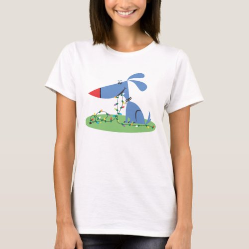 Retro 1950s Blue Dog Christmas Lights T_Shirt