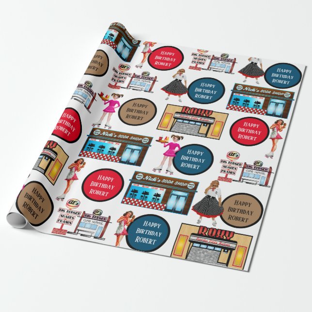 Retro 1950's Car Hop Personalized Wrapping Paper (Unrolled)