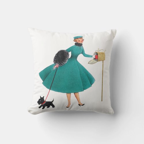 Retro 1950s Christmas Girl  Dog Throw Pillow