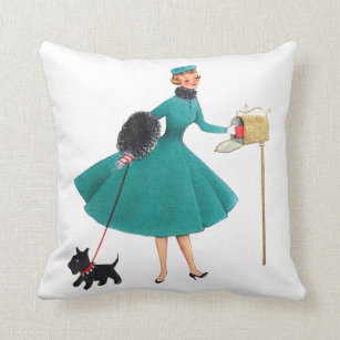Retro 1950s Christmas Girl & Dog Throw Pillow