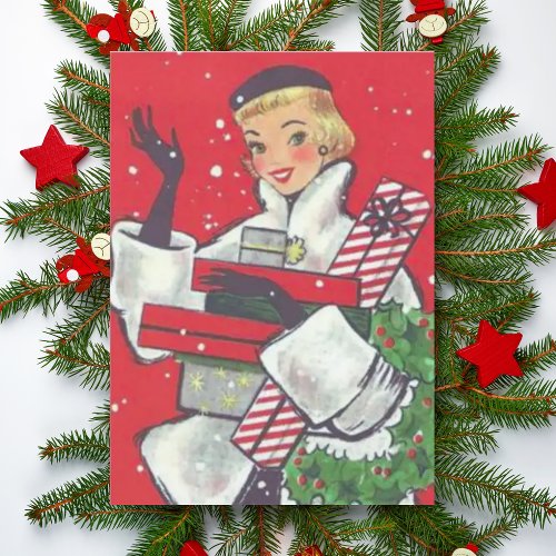 Retro 1950s Christmas Shopping Girl Vintage Holiday Card