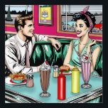 Retro 1950's Couple at Diner Acrylic Print<br><div class="desc">Retro pop art comic book style poster. Cute 1950's era couple sitting in a diner with milkshakes,  fries and cheeseburgers on a date. Colors used are teal,  pink,  red,  black and yellow. Old-fashioned nostalgia. This picture is hand drawn by myself.</div>