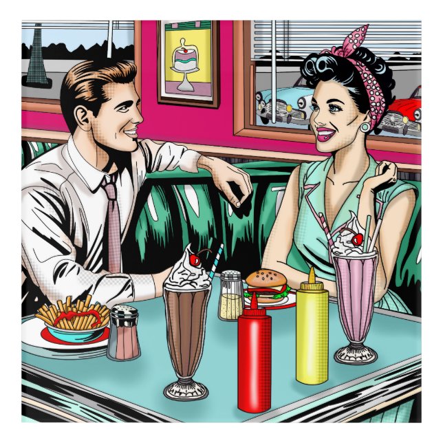 Retro 1950's Couple at Diner Acrylic Print (Front)
