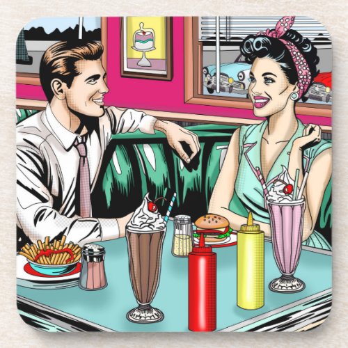 Retro 1950s Couple at Diner Beverage Coaster