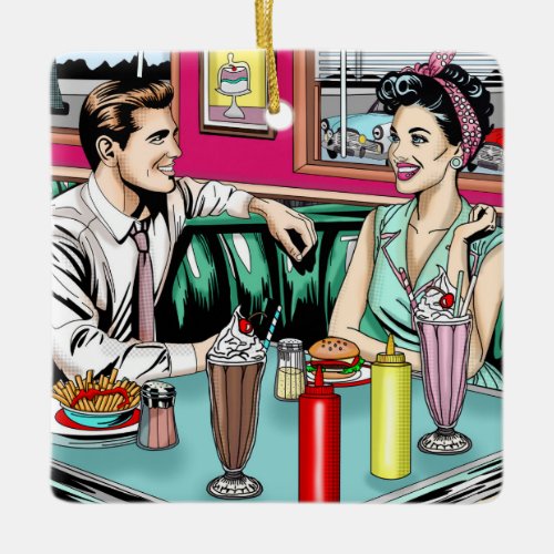 Retro 1950s Couple at Diner Ceramic Ornament