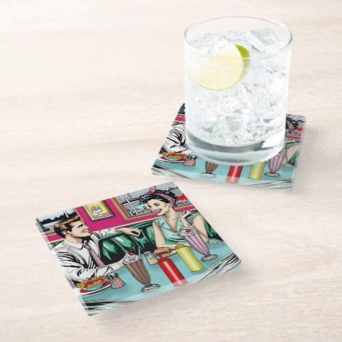 Retro 1950s Couple at Diner Glass Coaster