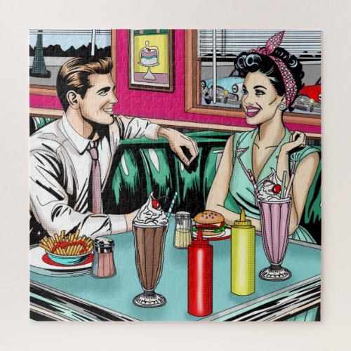 Retro 1950s Couple at Diner Jigsaw Puzzle