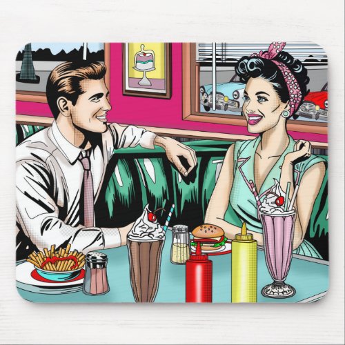 Retro 1950s Couple at Diner Mouse Pad