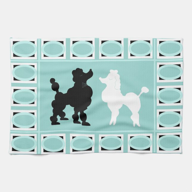 Retro 1950's Cute White & Black Poodles on Aqua Kitchen Towel (Horizontal)