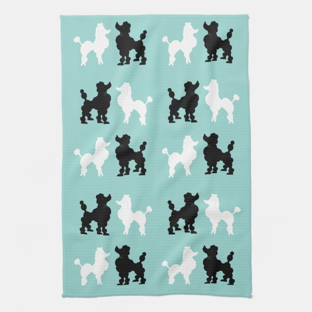 Retro 1950's Cute White & Black Poodles on Aqua Kitchen Towel (Vertical)