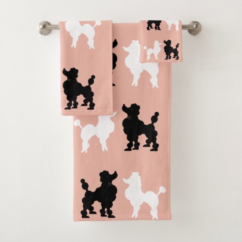 Retro 1950s Cute White  Black Poodles on Salmon Bath Towel Set