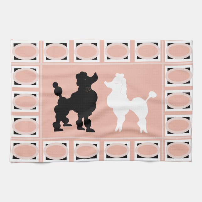 Retro 1950's Cute White & Black Poodles on Salmon Kitchen Towel (Horizontal)