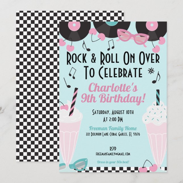 Retro 1950s Diner Milkshake Birthday Invitation –  (Front/Back)