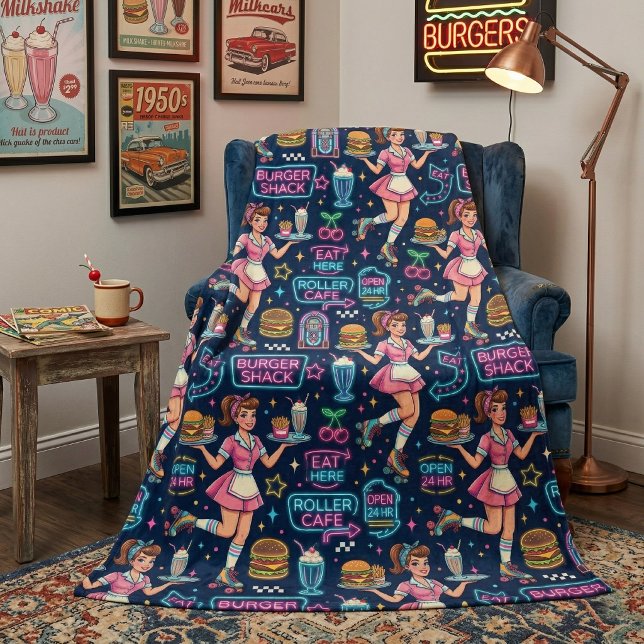 Retro 1950s Diner Roller Skate Waitress Fleece Blanket (Creator Uploaded)