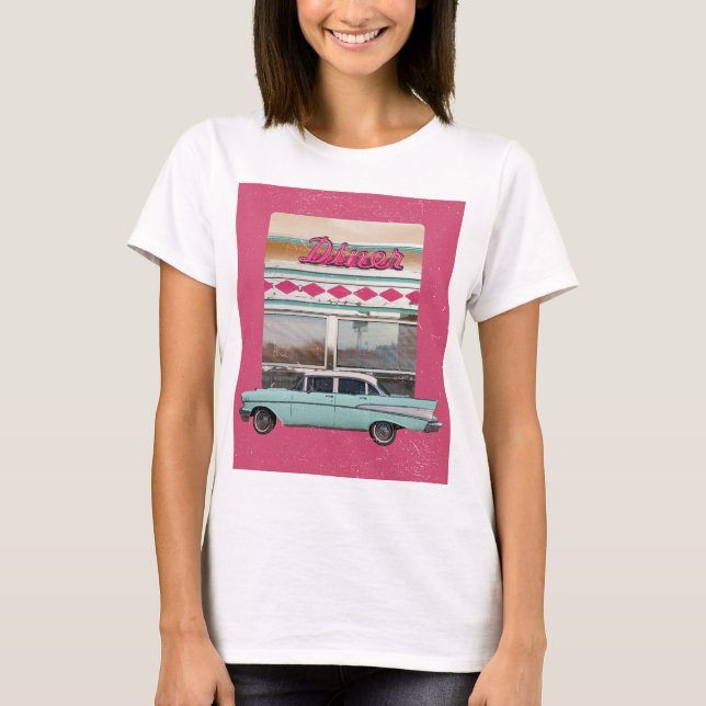 Retro 1950s Diner Wall Art | Pink Neon Sign & Teal T-Shirt (Front)