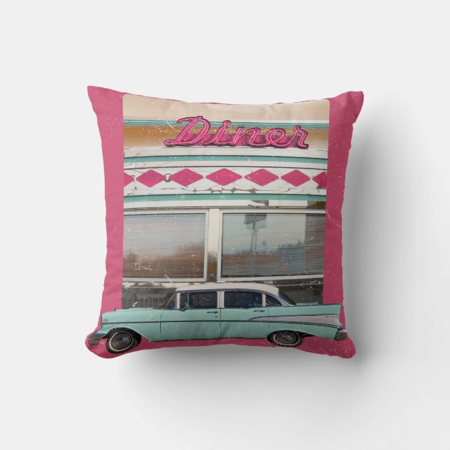 Retro 1950s Diner Wall Art | Pink Neon Sign & Teal Throw Pillow (Front)