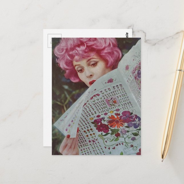 Retro 1950s Era Pretty Pink Hair Lady Postcard (Front/Back In Situ)