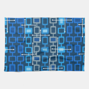 Retro 1950s Geometric Pattern Blue Kitchen Towel