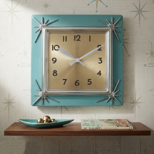 Retro 1950s Mid Century Modern Starburst Vintage Square Wall Clock