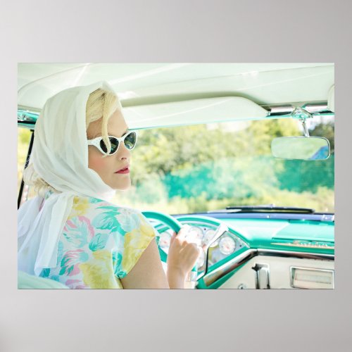 Retro 1950s model driving a vintage turquoise car poster