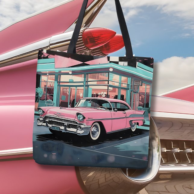 Retro 1950s Pink Car Mid‑Century Diner Tote Bag (Creator Uploaded)
