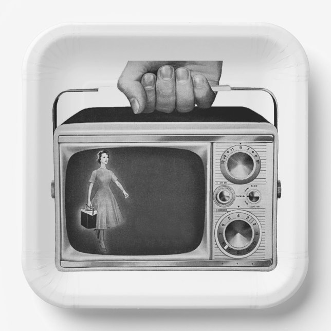 Retro 1950s Portable TV Mid-Century Paper Plates (Front)