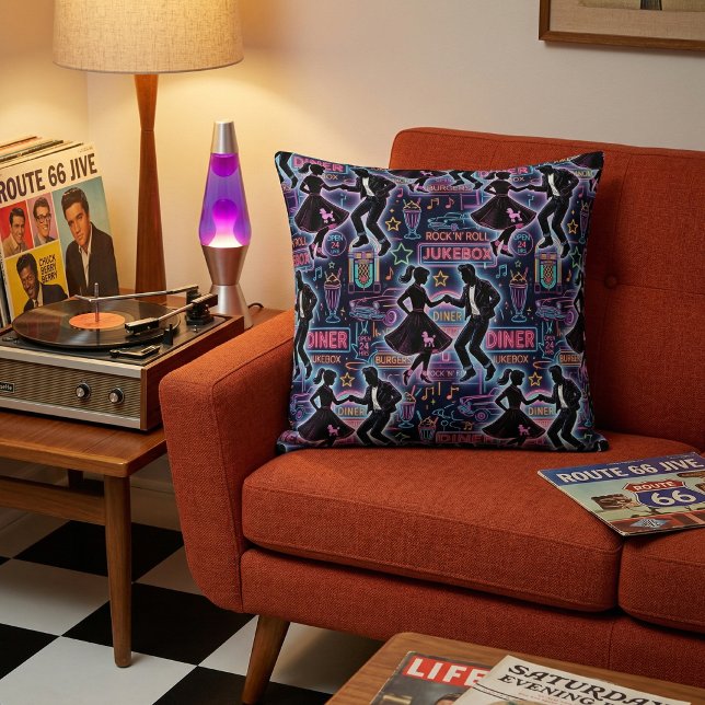 Retro 1950s Rock 'n' Roll Diner Throw Pillow (Creator Uploaded)