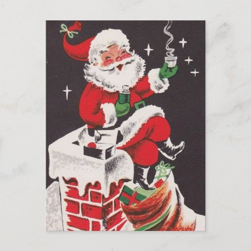 Retro 1950s Santa on Chimney Vintage Christmas Holiday Postcard