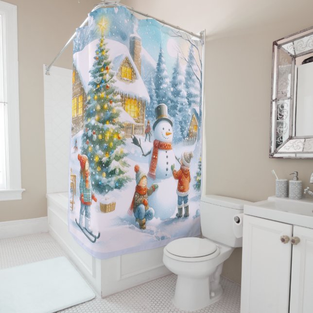 Retro 1950's Snowman Christmas  Shower Curtain (In Situ)
