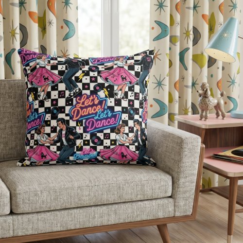 Retro 1950s Sock Hop "Let's Dance!" Throw Pillow