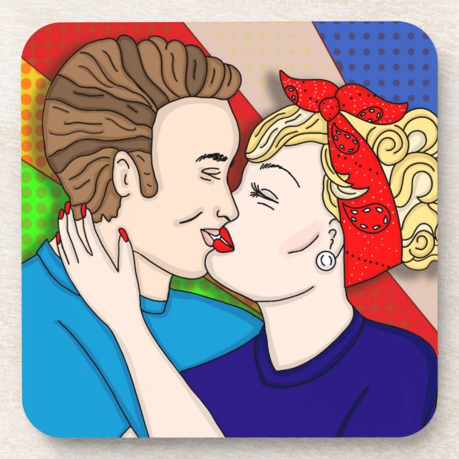 Retro 1950's Style Pop Art Couple Kissing Beverage Coaster (Front)