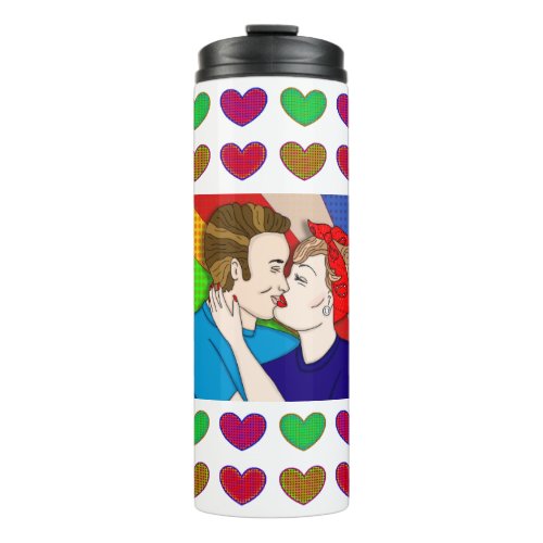 Retro 1950s Style Pop Art Couple Kissing Brunette Thermal Tumbler