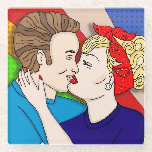 Retro 1950s Style Pop Art Couple Kissing Glass Coaster