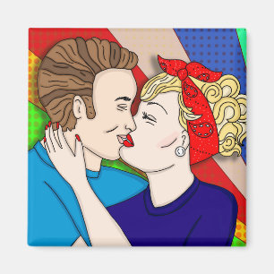 Retro 1950's Style Pop Art Couple Kissing Magnet