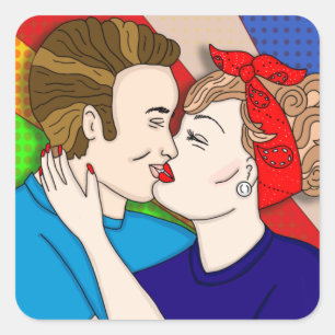 Retro 1950's Style Pop Art Couple Kissing  Square Sticker