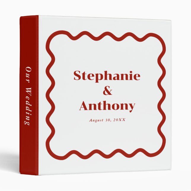 Retro 1950s Wavy Edge Dark Red Wedding 3 Ring Binder (Front/Spine)