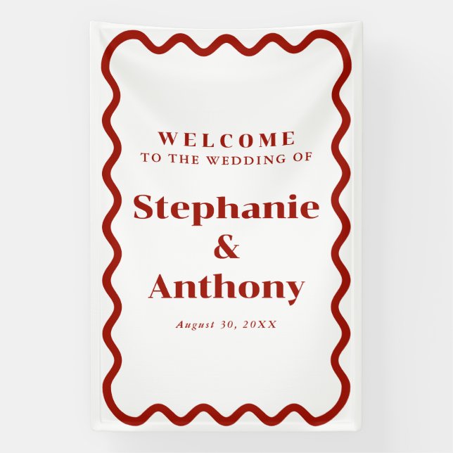 Retro 1950s Wavy Edge Dark Red Wedding Banner (Vertical)