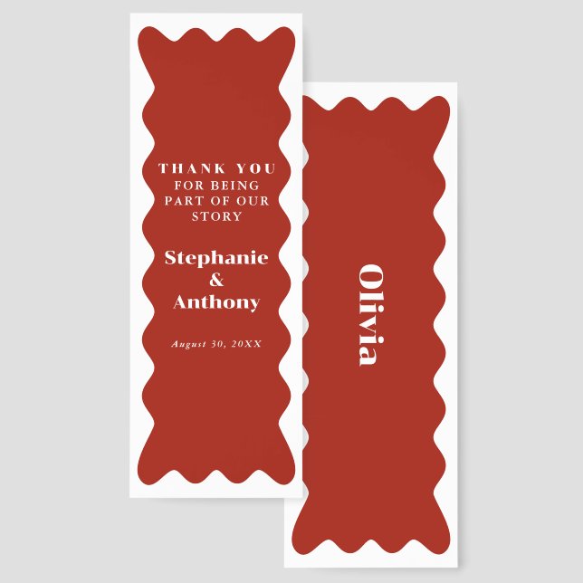 Retro 1950s Wavy Edge Dark Red Wedding Bookmarks (Front & Back)