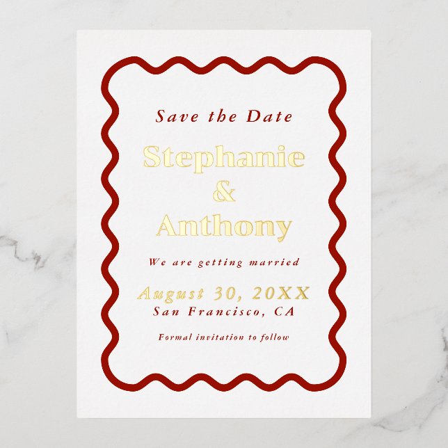 Retro 1950s Wavy Edge Dark Red Wedding    Foil Invitation Postcard (Front)